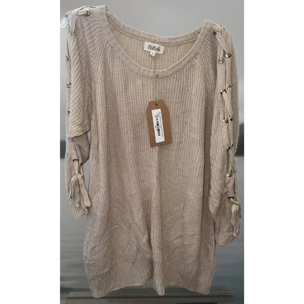Listicle Anthopologies Beige Lace Up Sleeve Oversize Knit Sweater S/M